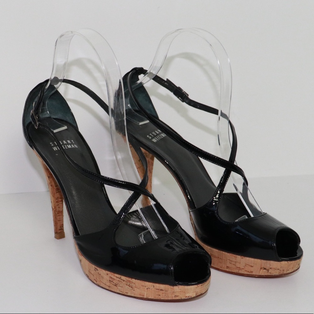 Weitzmen Black Patent Leather Cork Platform Peep Toe Heels 8